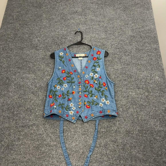 Orvis Jackets & Blazers - Vintage Orvis Vest Women L Blue Denim Floral Embroidered Cotton Boho Cottagecore